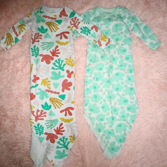 X2 MAC & MOON KNOTTED INFANT GOWNS ORGANIC COTTON FLORAL CORAL REEF-ONE SIZE - Picture 3 of 6